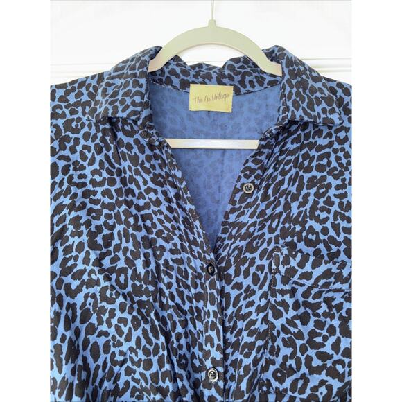 The Nu Vintage Dress Blue Animal Leopard Cheetah Tie Front Shirtdress Midi Small - Picture 3 of 7